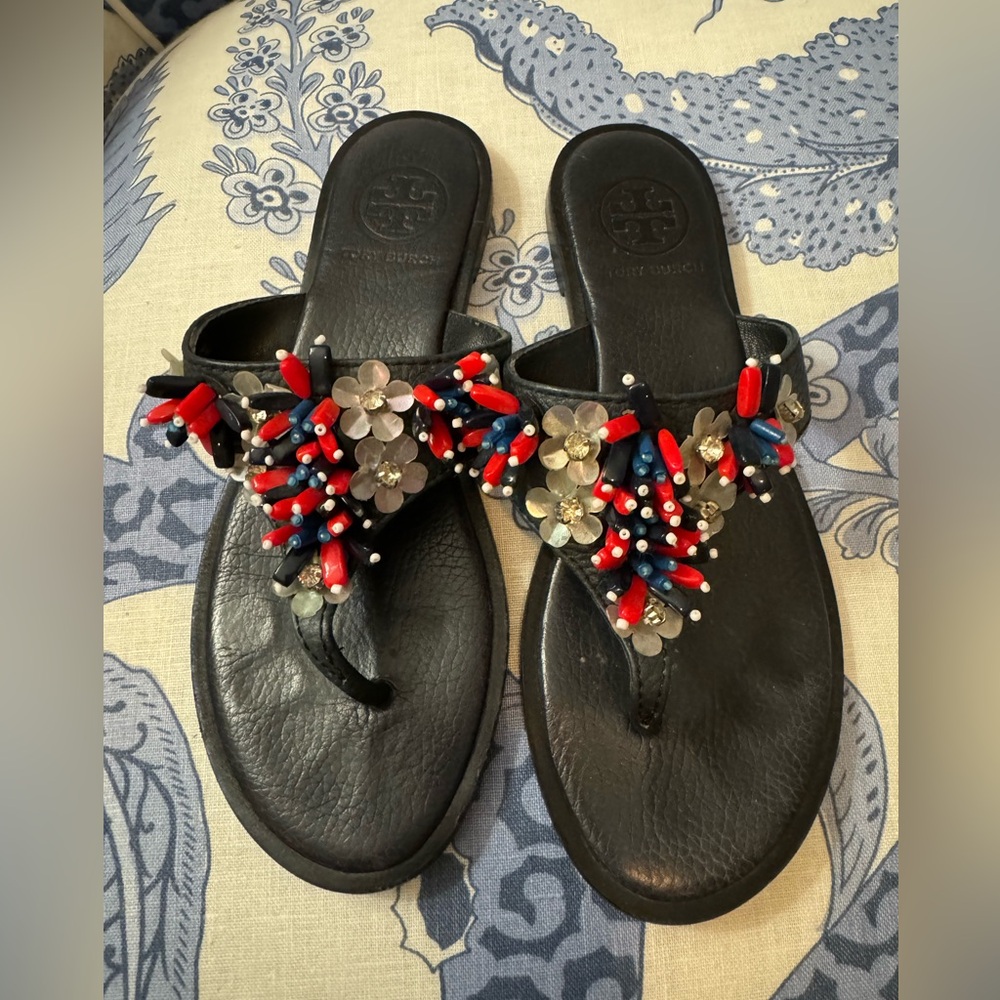 Tory Burch Black Beaded Floral Embellished Sandal